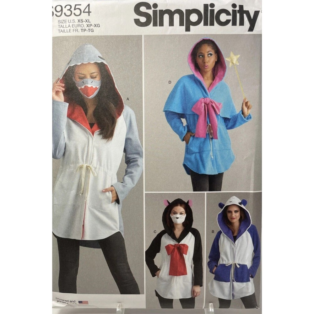 Simplicity S9354 Misses Costume Jacket Mask Sewing Pattern Animal Shark Cat XS-X